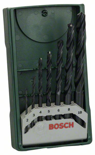 'Set di sette punte da trapano di diverse dimensioni, numerate da 2 a 10. Confezione con la scritta "BOSCH".'