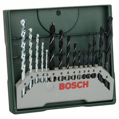Set di punte da trapano Bosch con punte per metallo e legno di varie dimensioni, ordinatamente disposte in un supporto.