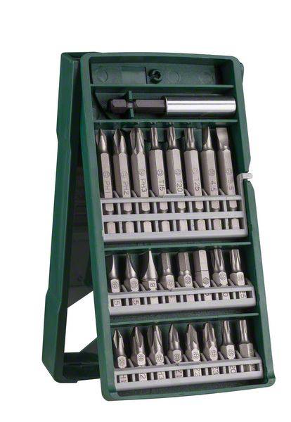 'Set di bit con diversi inserti per cacciavite in un astuccio verde. Contiene vari bit per viti di diverso tipo.'
