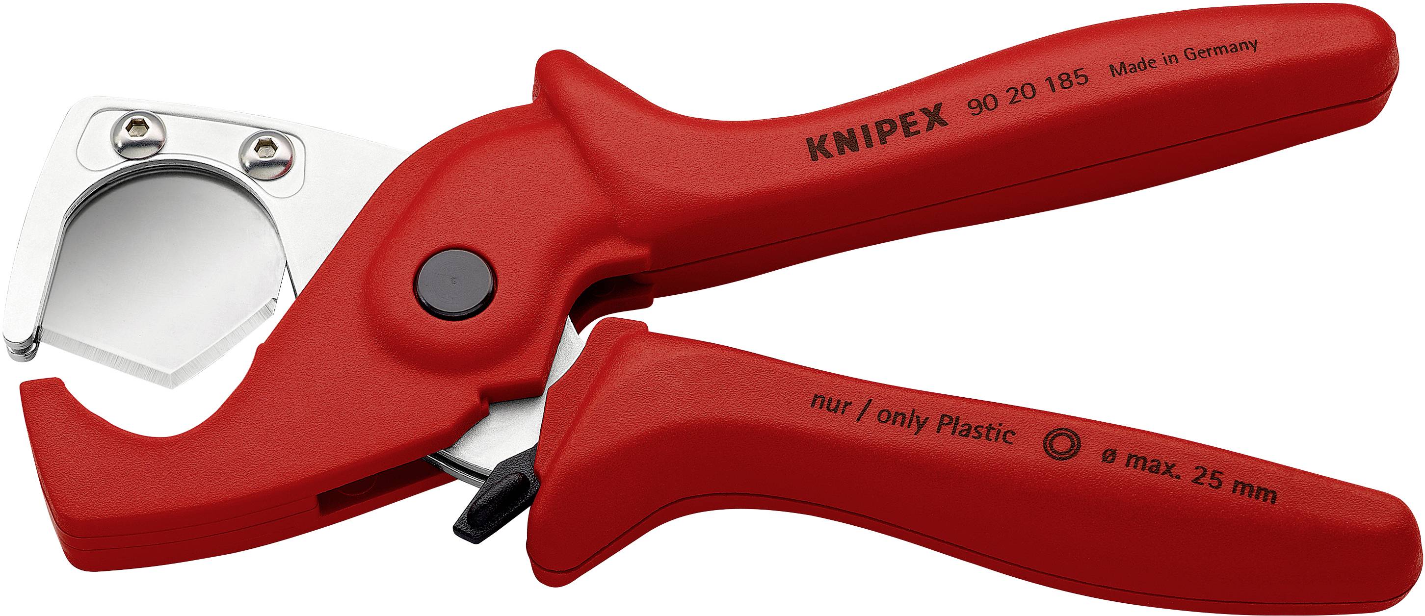 Pinza tagliatubi rossa in plastica con scritta 'nur / only Plastic'. Adatta per tubi con diametro massimo di 25 mm. Prodotta in Germania.