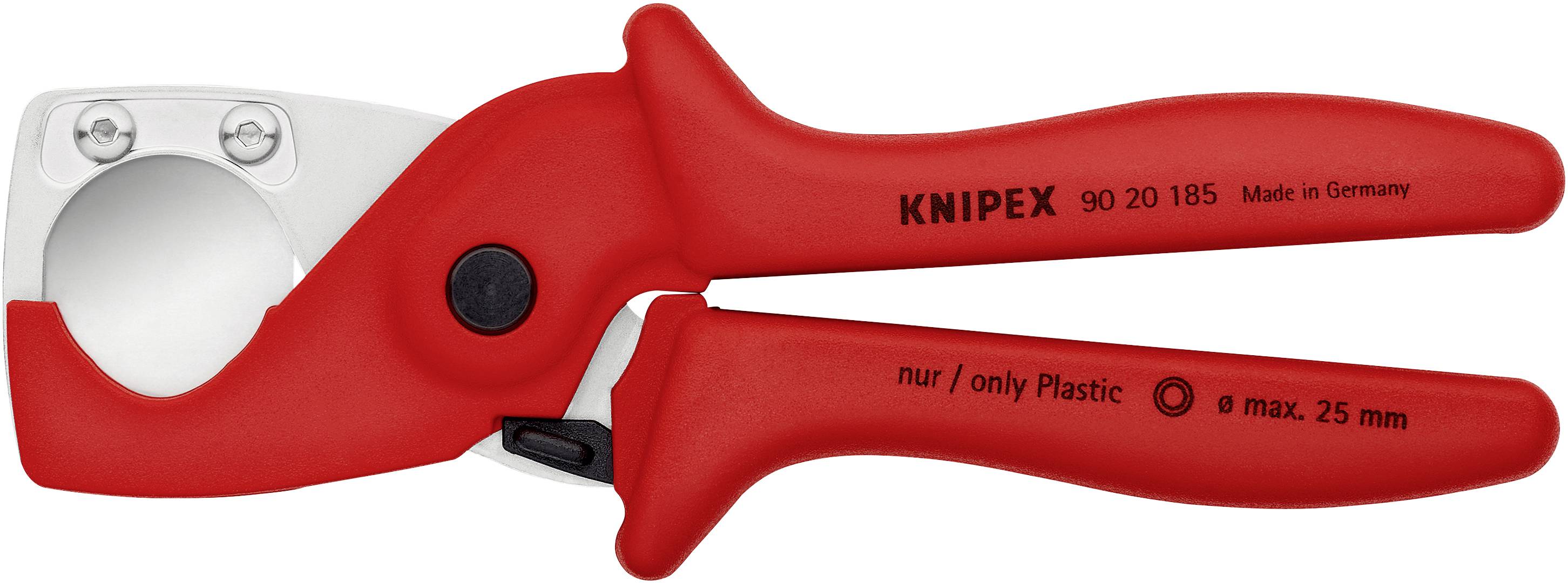 Tagliatubi in plastica rossa con apertura della lama, adatto per diametri fino a 25 mm, con incisione 'Knipex' e 'nur/only Plastic'.