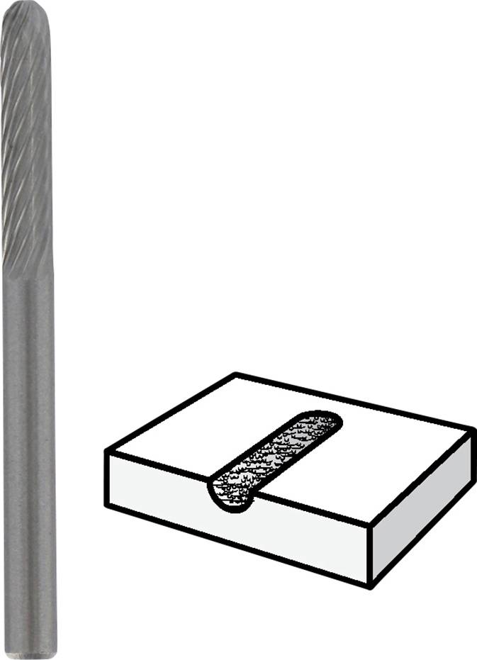 Punta di fresatura longitudinale con taglio dentato per la lavorazione dei metalli, accanto a una rappresentazione schematica del risultato della fresatura su un blocco rettangolare.
