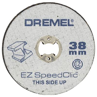 Disco abrasiva con la scritta 'DREMEL 38 mm EZ SpeedClic QUESTO LATO IN ALTO'. Un'icona di un clip e un simbolo sono inoltre visibili.