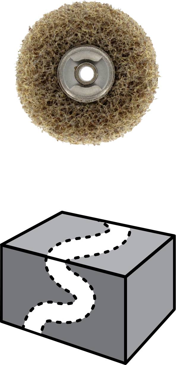 'L'immagine mostra una spazzola metallica e un diagramma di un cubo con una linea curva sulla superficie, che suggerisce la struttura o la lavorazione.'