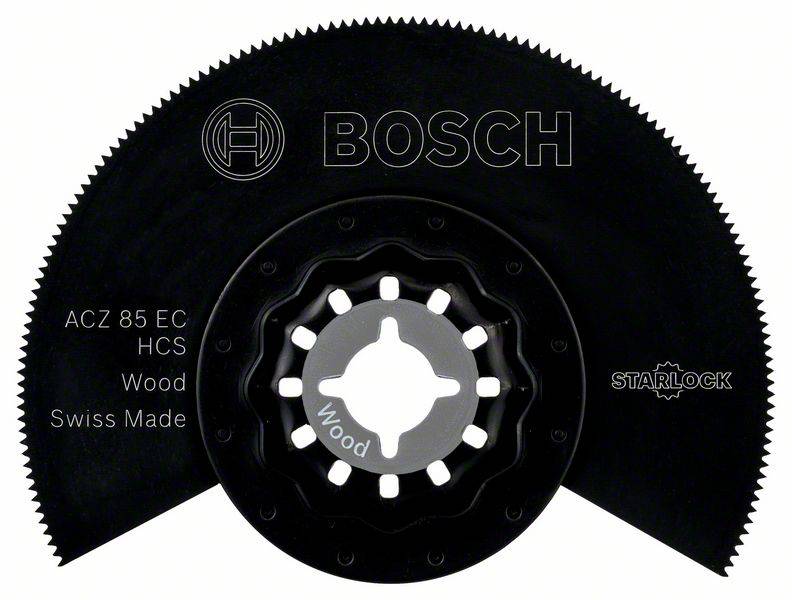 Lama Bosch Starlock con scritta 'Wood Swiss Made' e 'ACZ 85 EC HCS'. Forma semicircolare, per taglio del legno, colore nero.