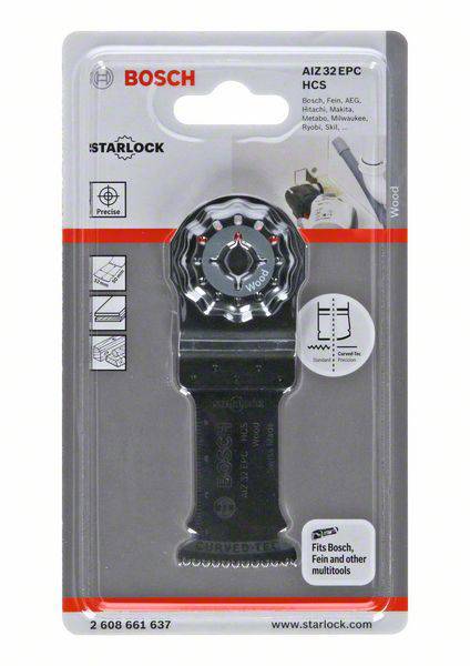 'Lama Bosch Starlock AIZ 32 EPC HCS' in confezione con dettagli del prodotto e simboli di compatibilità per multiutensili.