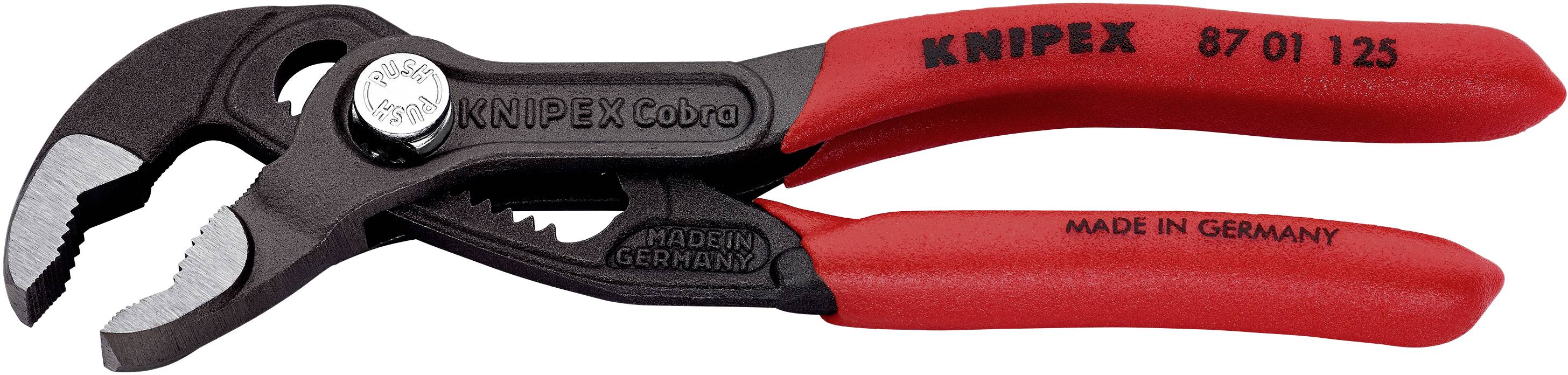Pinza regolabile Knipex con manico rosso e testa nera, con la scritta 'Made in Germany' e numero modello '87 01 125'.