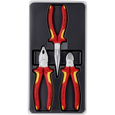 'Tre pinze isolate in un contenitore di plastica: pinza piatta, pinza a punta, tronchese. Impugnature in rosso-giallo, adatte per elettricisti.'