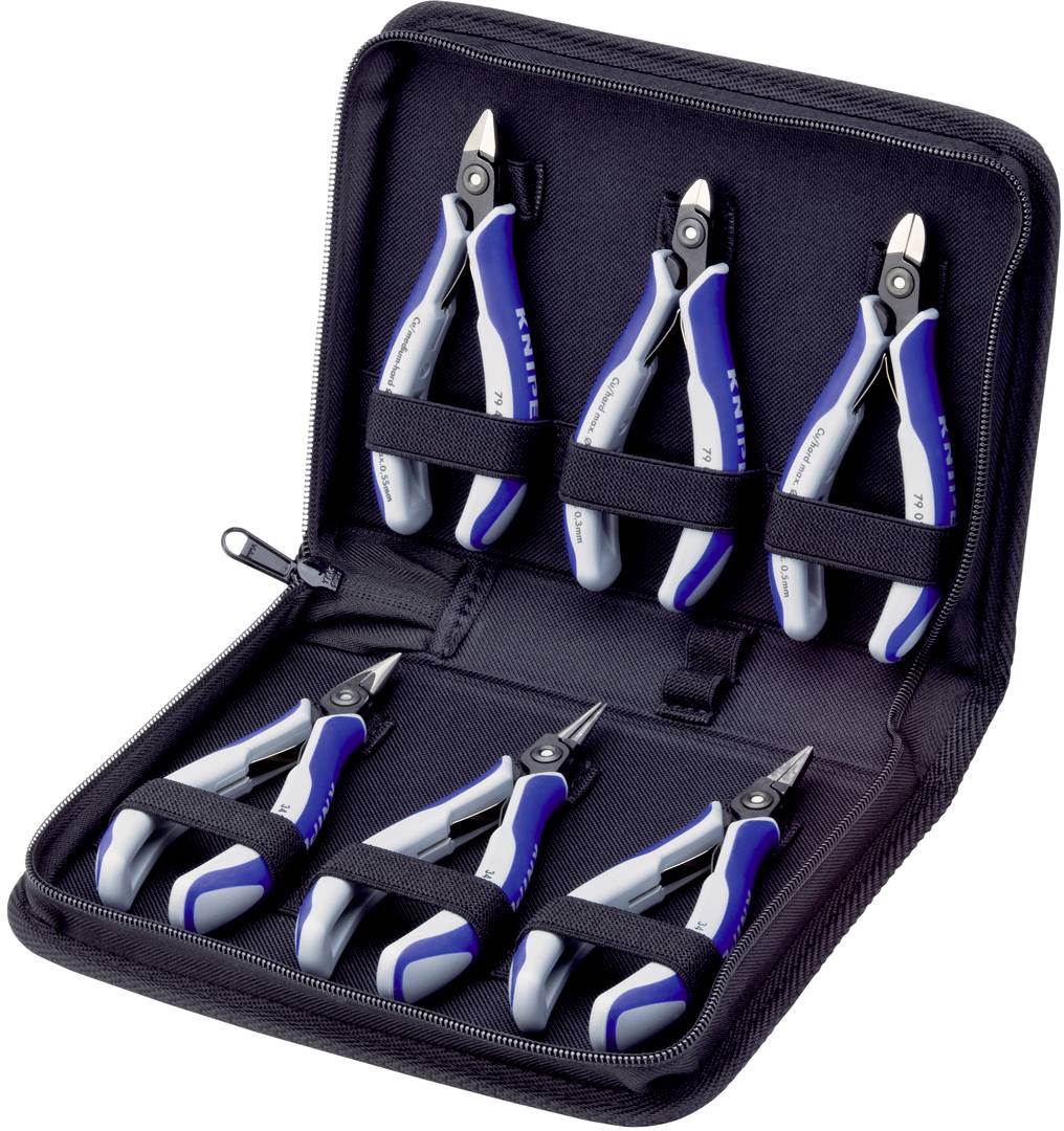 Un astuccio con sei utensili da lavoro blu, fissati in modo sicuro nelle apposite fasce. L'impugnatura di ogni strumento è progettata in blu e grigio.