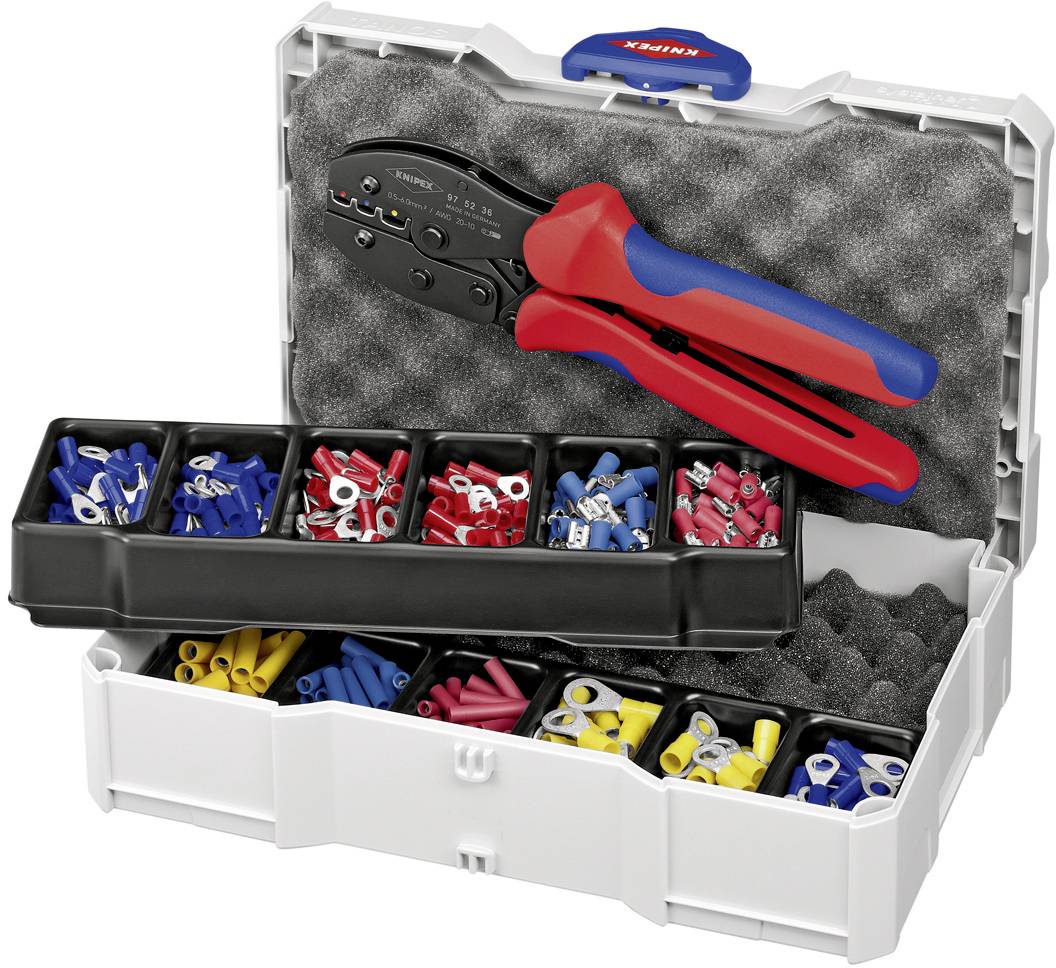 Un set di capicorda in una valigetta degli attrezzi con scomparti per l'organizzazione e una pinza crimpatrice. Ideale per il collegamento dei cavi.
