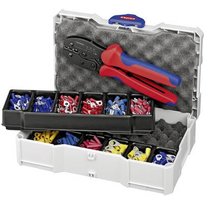 Un set di capicorda in una valigetta degli attrezzi con scomparti per l'organizzazione e una pinza crimpatrice. Ideale per il collegamento dei cavi.