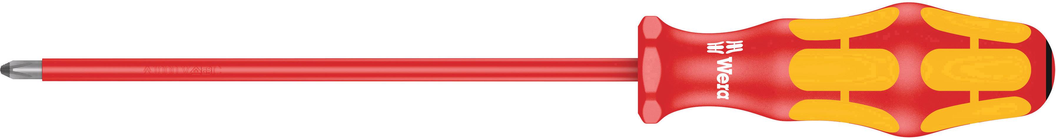 Un cacciavite rosso con segni di impugnatura gialli, adatto per lavori elettrici.