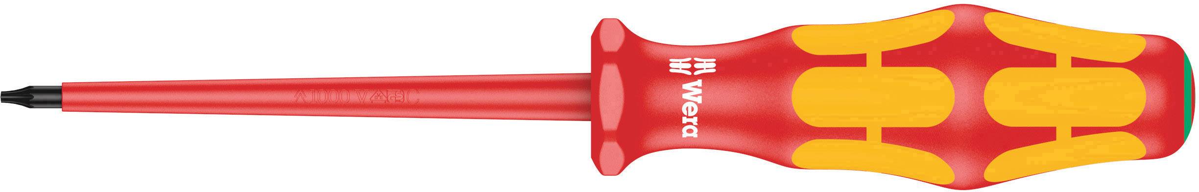 Un cacciavite rosso-giallo con isolamento per lavori elettrici. L'impugnatura è ergonomica; il marchio 'Wera' è visibile.