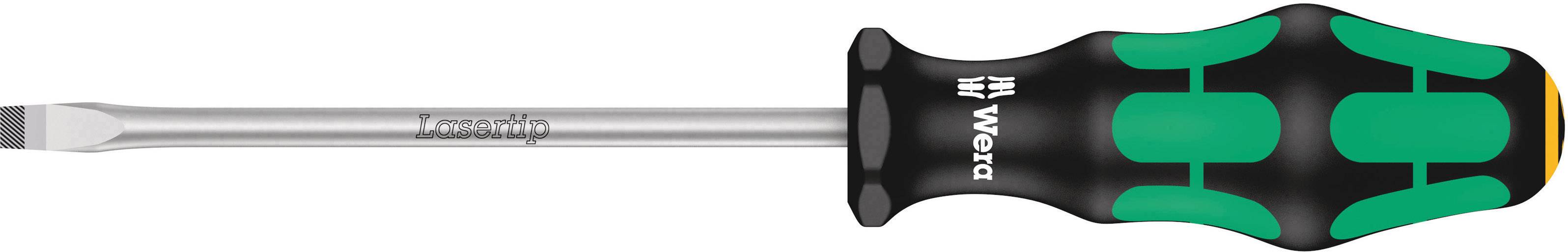 Cacciavite a taglio con impugnatura ergonomica in nero e verde, marca 'Wera', con la scritta 'Lasertip' sulla punta metallica.