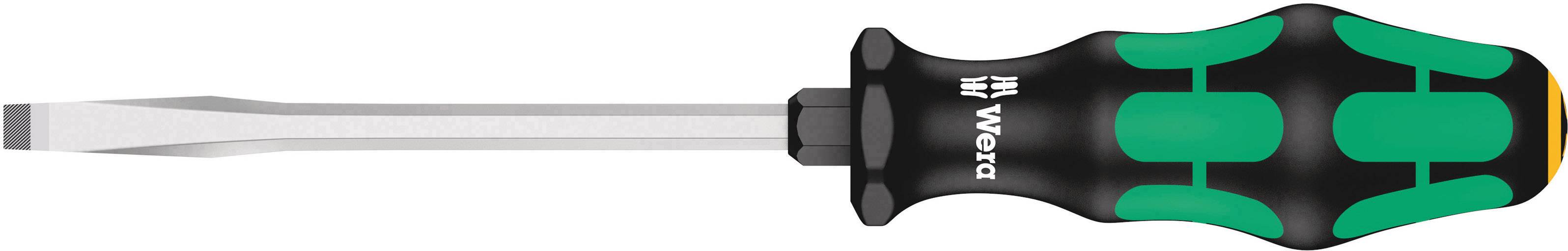 Cacciavite con impugnatura ergonomica, design verde-nero del marchio Wera. Taglio piatto, adatto per lavori generici di avvitamento.