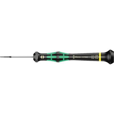 Cacciavite con testa metallica sottile e lunga e impugnatura ergonomica. Marcature 'Wera 00 1,2x50' e anello verde vicino all'estremità dell'impugnatura.