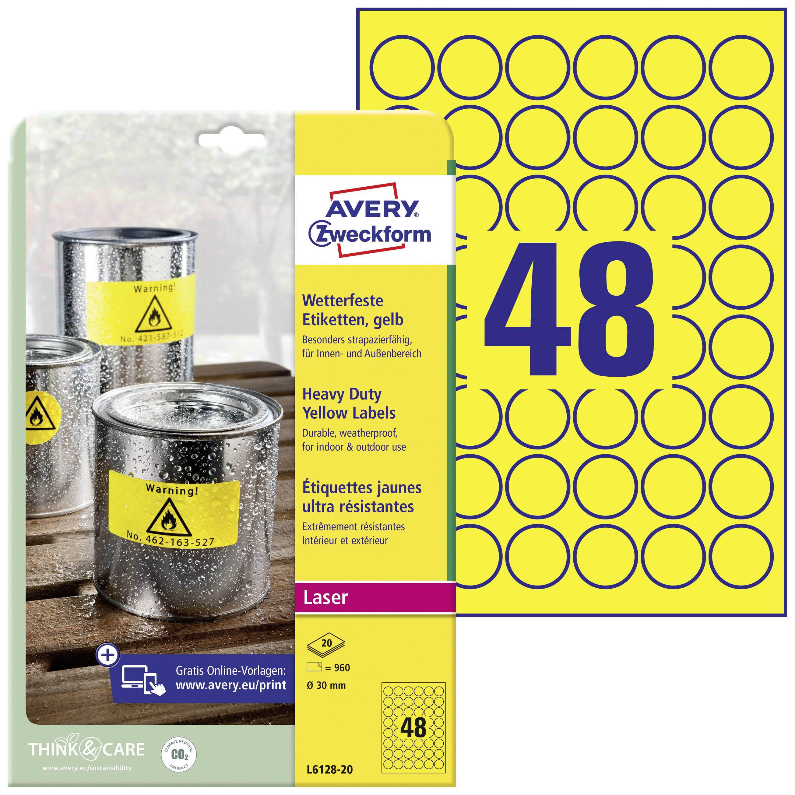 Etichette gialle e resistenti alle intemperie di Avery Zweckform, adatte per l'ambito industriale. Confezione con 48 etichette; nell'immagine, foglio di etichette gialle e contenitori.
