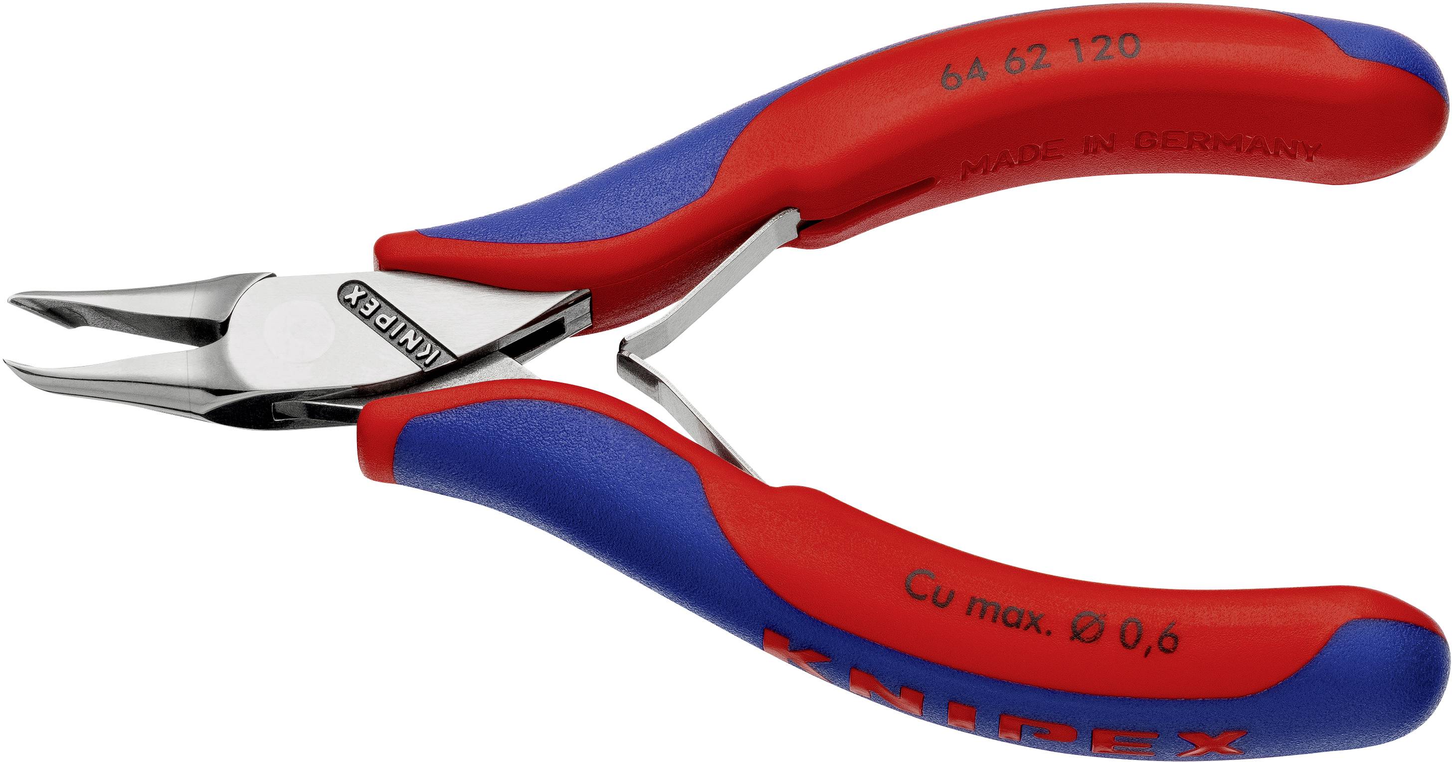 Pinza di precisione angolata Knipex, rosso-blu con superfici di taglio sottili e affilate, adatta per lavori fini su fili.