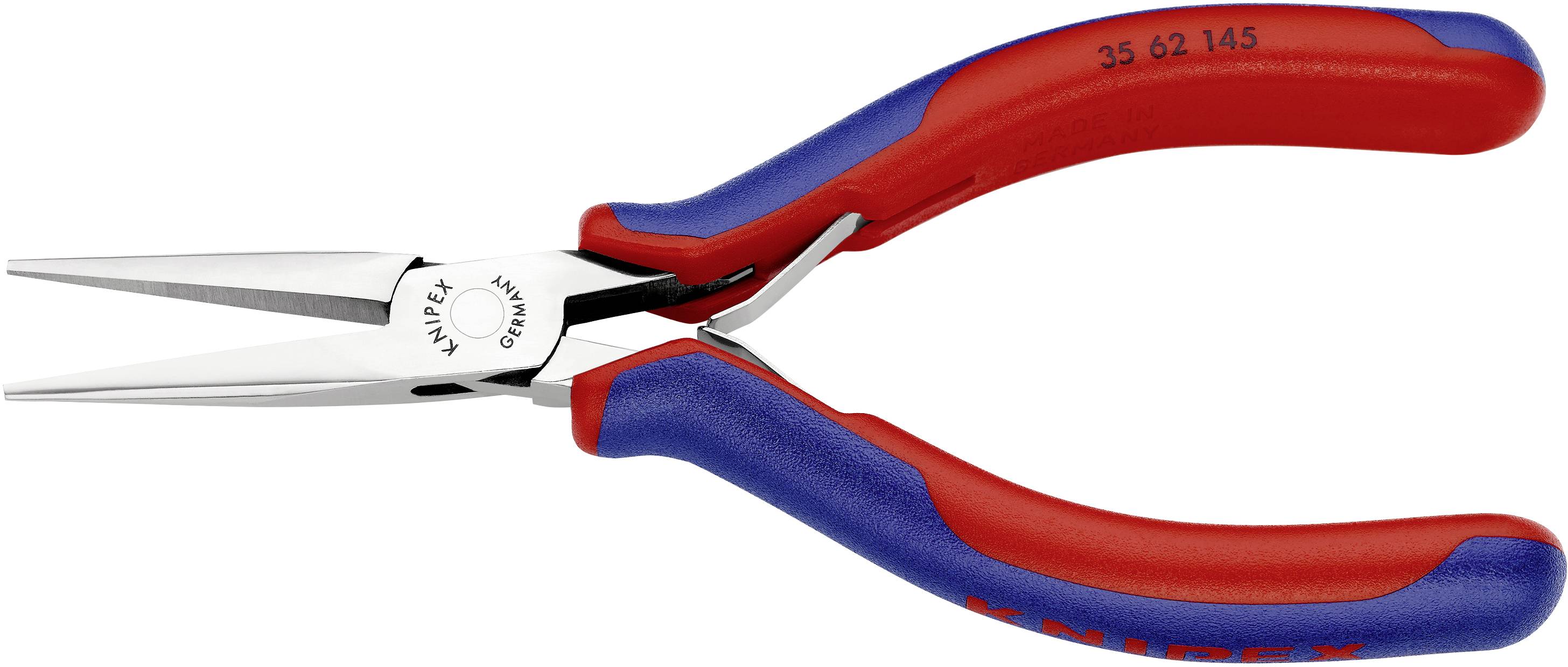 Pinza a becchi stretti rossa e blu, adatta per lavori di assemblaggio delicati in elettronica e meccanica di precisione.
