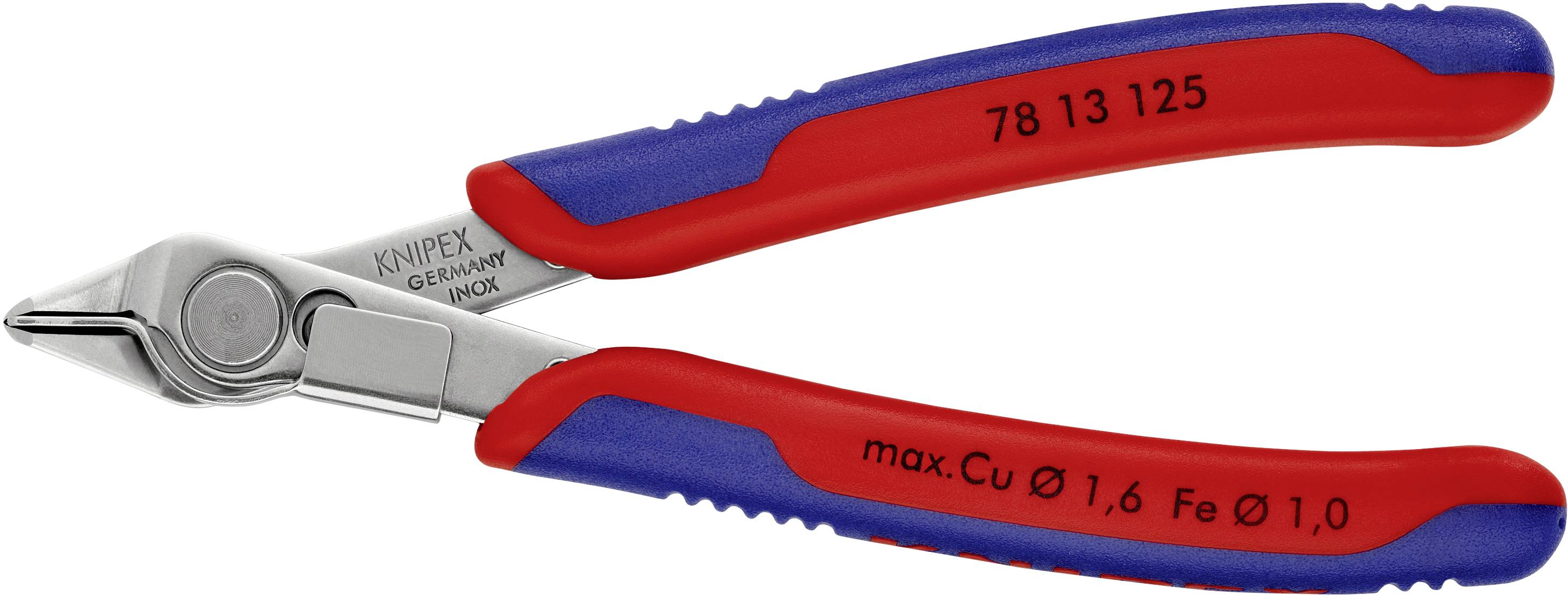 Tronchese laterale in rosso-blu, adatta per fili di rame fino a 1,6 mm e fili di ferro fino a 1,0 mm.