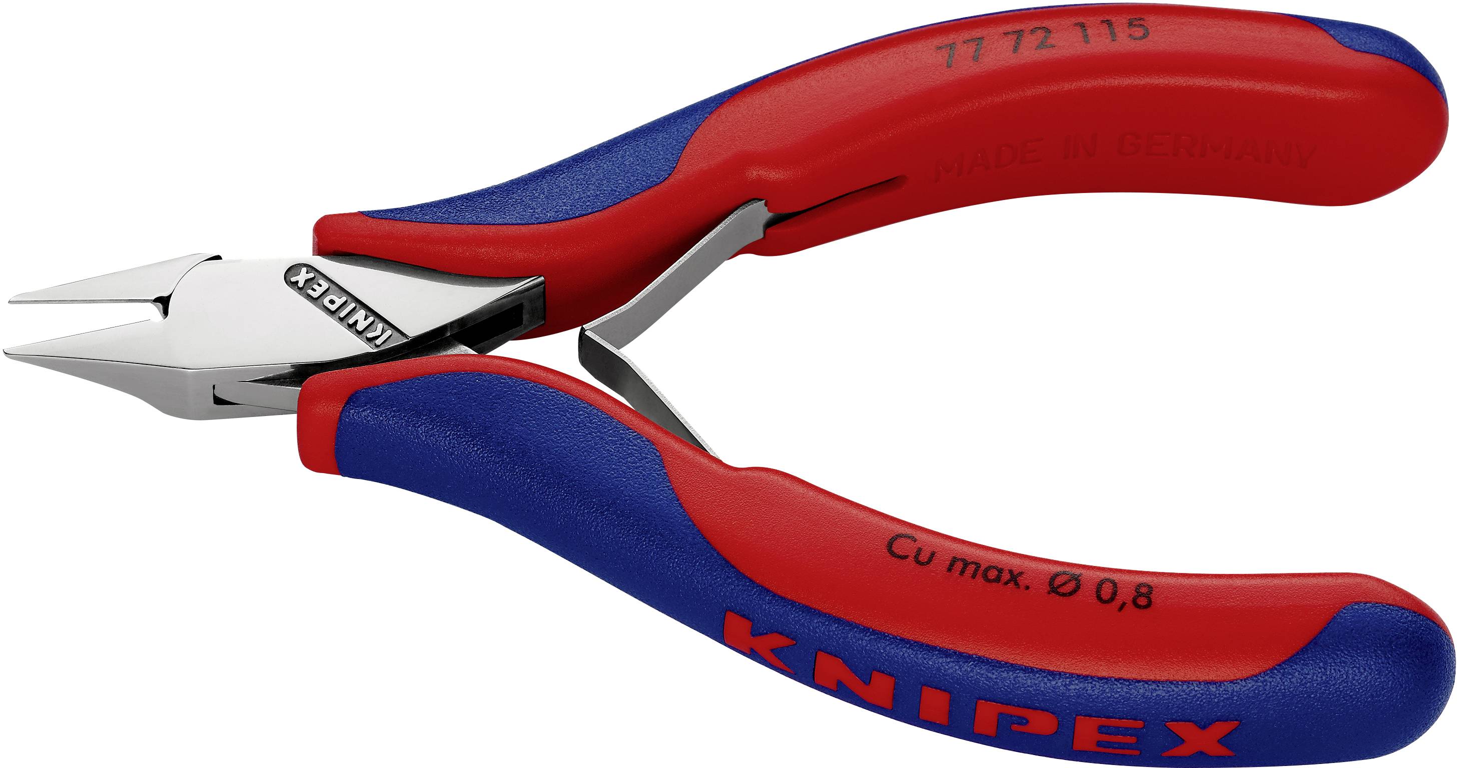 Pinze tronchesi Knipex rosse e blu, adatte per tagli precisi su cavi e fili fino a 0,8 mm.