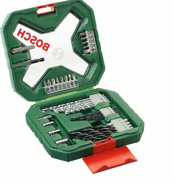 Un set di punte da trapano verde aperto di Bosch con diversi trapani, bit e supporti, disposti in un contenitore in plastica squadrato.