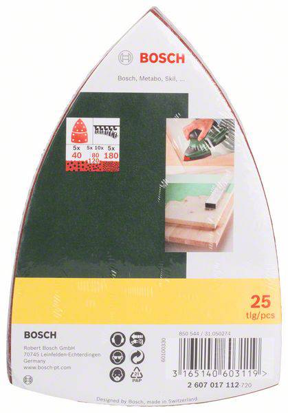 'Set di carta abrasiva Bosch, 25 pezzi, per Bosch, Metabo, Skil. Adatto per superfici in legno e verniciate, grane 40, 80, 180.'