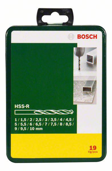Illustrazione di un imballaggio verde con punte per trapano HSS-R, diametro da 1 a 10 mm, 19 pezzi. A sinistra testo, a destra punte e applicazione.