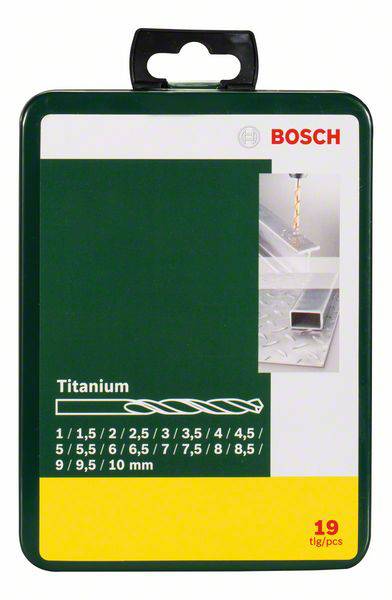Set di punte da trapano Bosch in custodia verde con etichetta 'Titanium' e indicazioni di dimensioni da 1 mm a 10 mm, 19 pezzi.