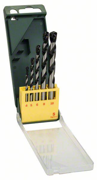 Set di punte multiple in una scatola di plastica aperta, composto da cinque punte di dimensioni diverse, adatte per diversi campi di utilizzo.