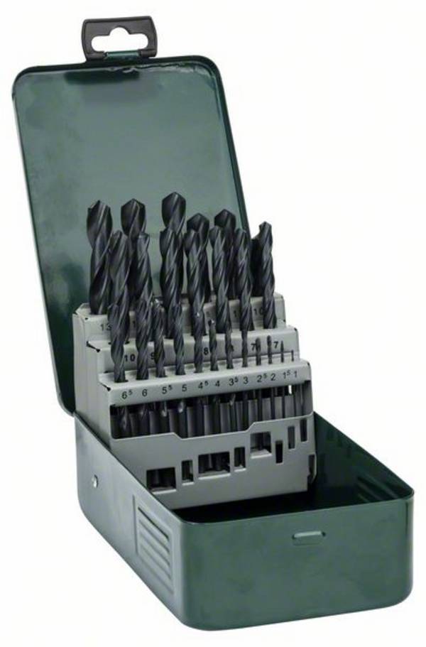 Bosch Accessories 2607019446 Promoline HSS Kit punte a spirale da metallo 25 parti 1 mm, 1.5 mm, 2 mm, 2.5 mm, 3 mm, 3.5 mm, 4 mm, 4.5 mm, 5 mm, 5.5 mm, 6 mm, 6.5 mm, 7 mm, 7.5 mm, 8 mm, 8.5 mm, 9 mm, 9.5 mm, 10 mm, 10.5 mm, 11 mm, 11.5 mm, 12 mm, 12.5 mm, 13 mm forgiato DIN 338 Alberino cilindrico 1 KIT