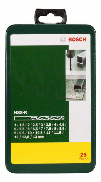 Set di punte per metallo HSS-R Bosch, 25 pezzi, misure da 1 a 13 mm. Contiene immagini di punte, profilo metallico e piastra metallica.