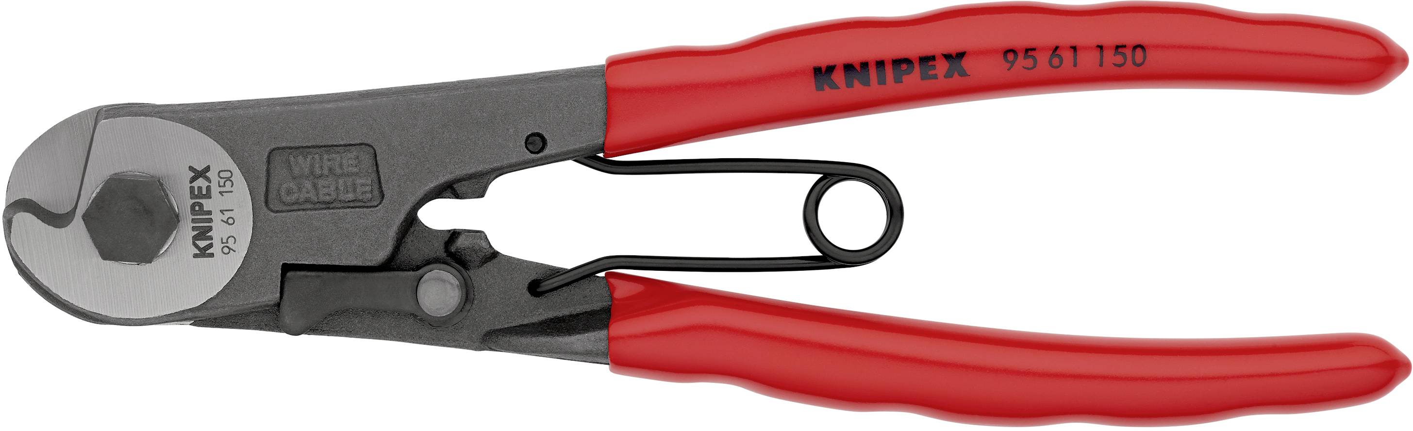 Attrezzo da taglio rosso con dettagli neri, idoneo al taglio di funi metalliche. Logo Knipex e numero modello stampati.