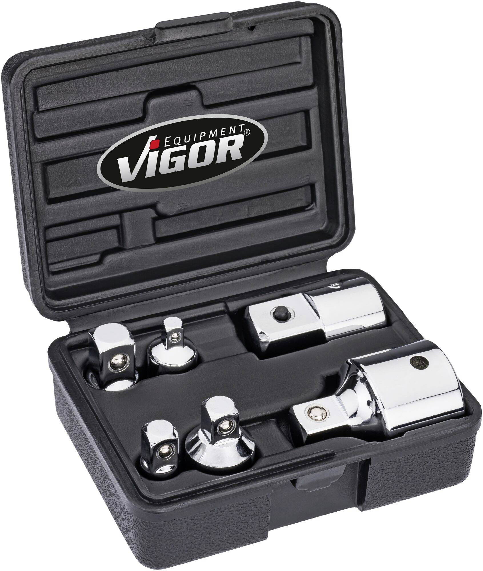 Una valigia nera con il logo 'Vigor' contiene diversi adattatori cromatici per utensili.