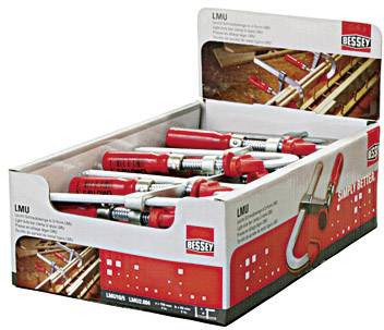 Confezione con più morsetti rossi della marca Bessey, modello LMU. Questi morsetti sono adatti per lavori di fissaggio precisi.