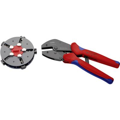 Pinza crimpatrice con testa intercambiabile, adatta per connessioni elettriche di cavi e connettori, su sfondo bianco.