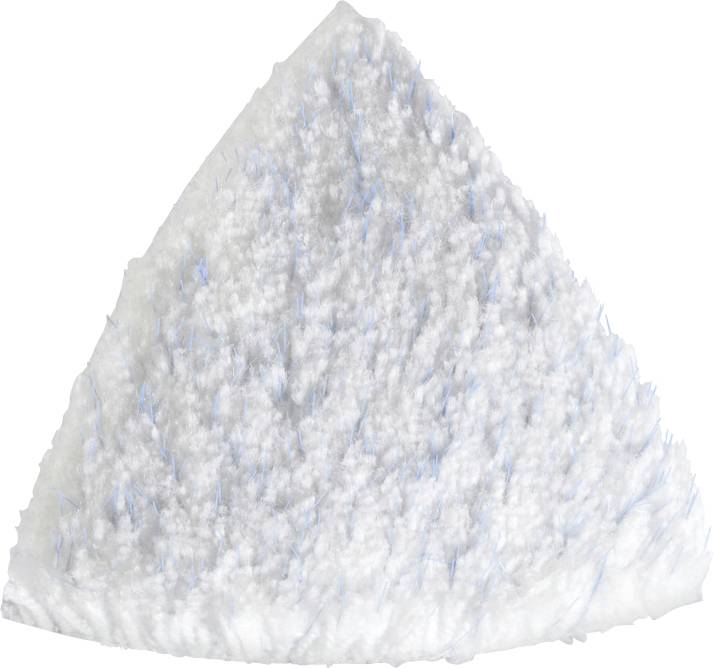 Un panno in microfibra bianco a forma di triangolo con fibre blu, utilizzato per la pulizia delle superfici.