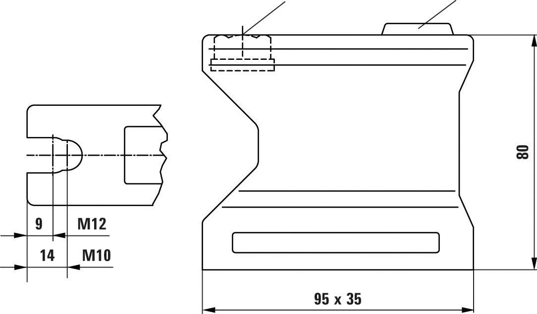 Disegno tecnico: Due sezioni trasversali di un elemento di giunzione, con quote in millimetri, incluse le dimensioni di filettatura M10 e M12.