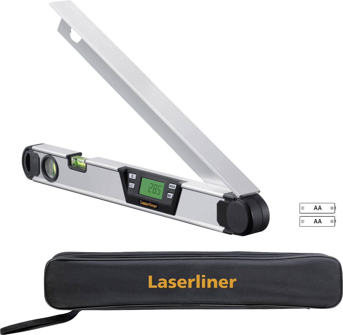 Goniometro digitale con display che mostra '2.05' gradi. Include una livella e una borsa con il logo 'Laserliner'.