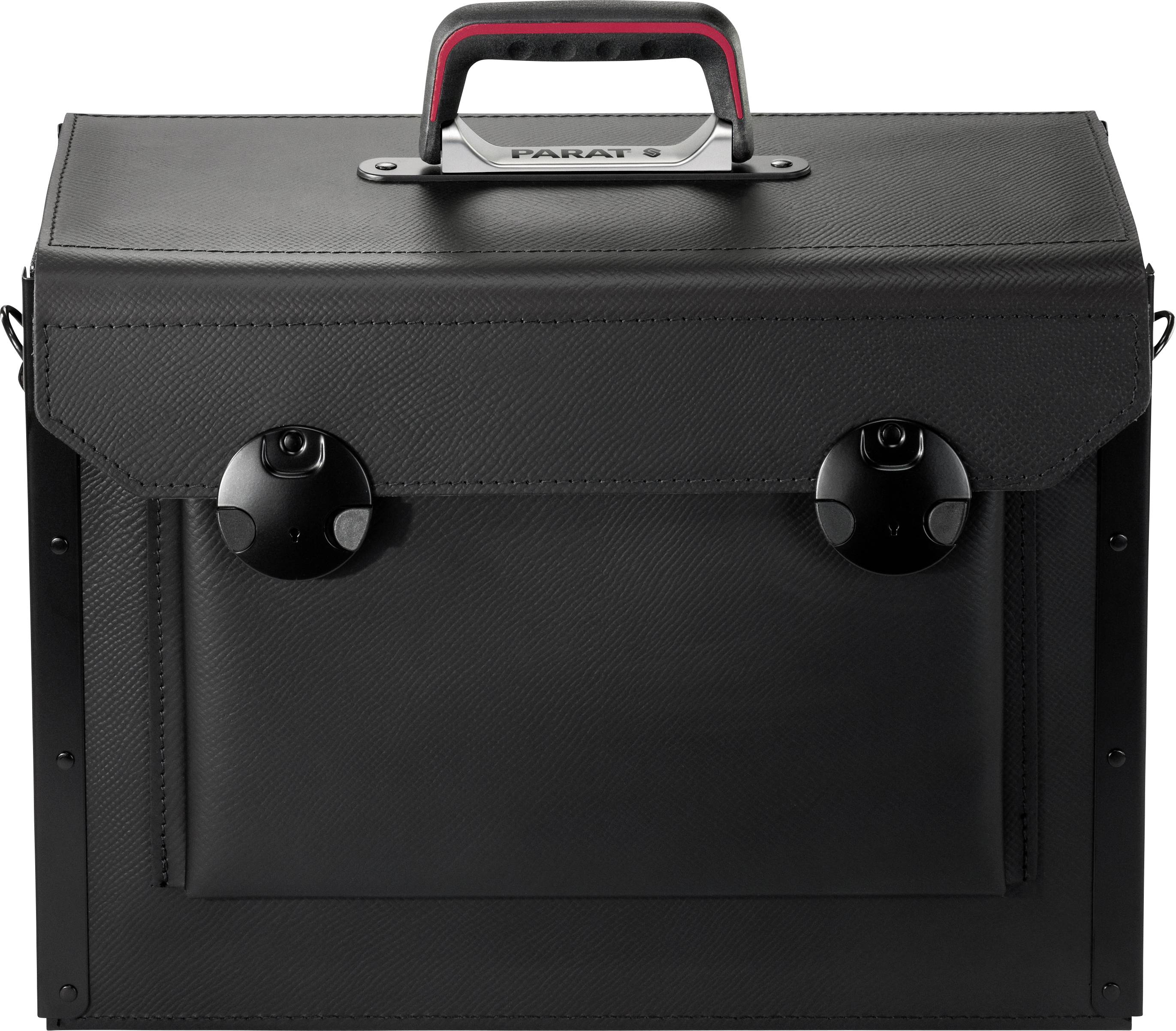 Una borsa degli attrezzi nera con manico robusto, due fibbie e un coperchio anteriore, adatta al trasporto sicuro degli utensili.