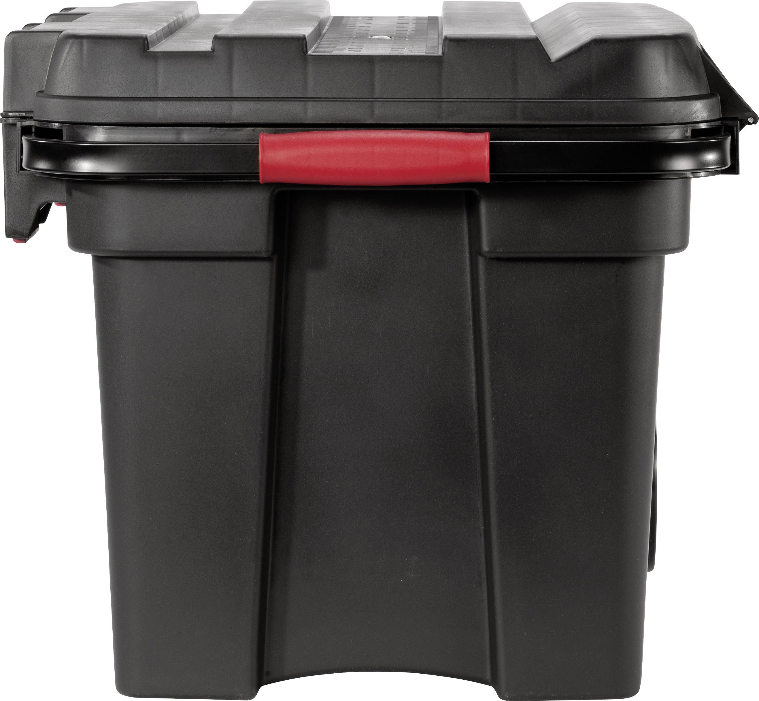 Un contenitore di stoccaggio nero, robusto, con manico rosso.