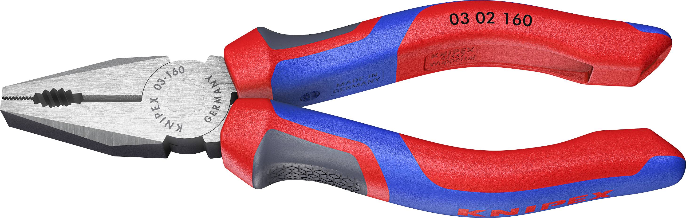 Pinza piatta con manico rosso e blu, modello 'KNIPEX 03 02 160'. Adatta per afferrare e tagliare fili.