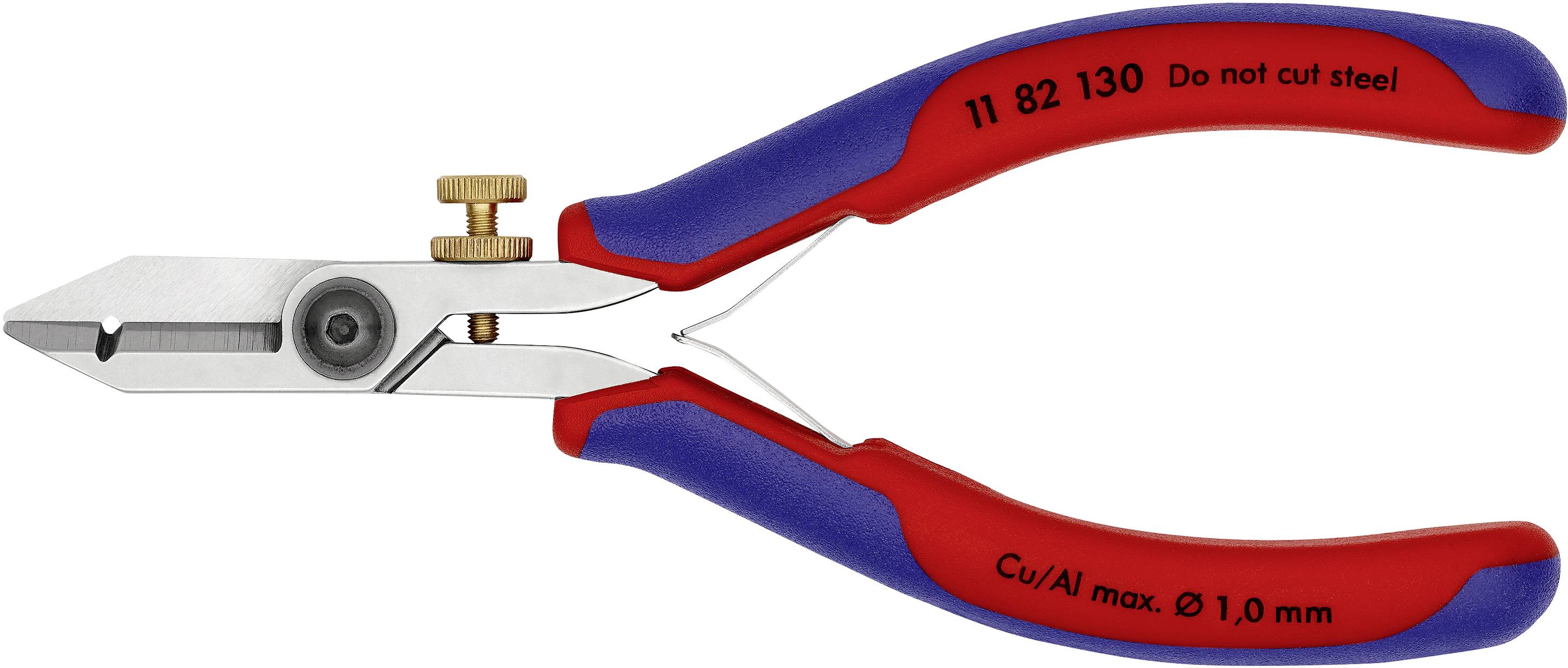 Pinza con impugnatura rossa e blu, dispositivo di serraggio rotondo e scritta 'Non tagliare acciaio'. Adatta per Cu/Al, max. 1,0 mm.