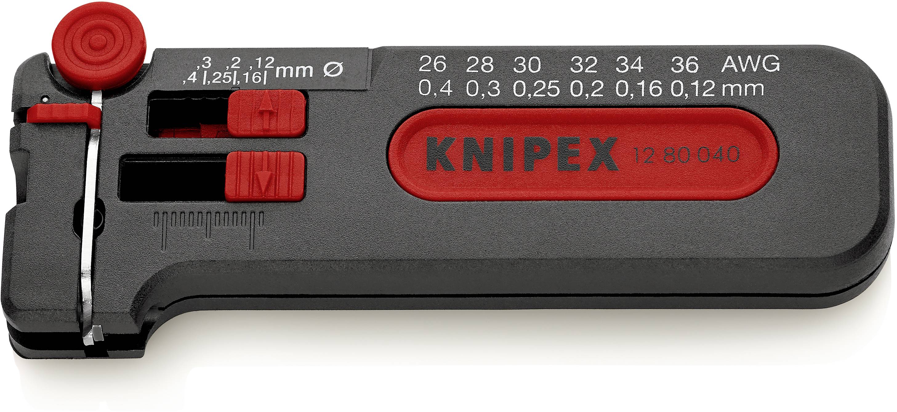 Pinza spelacavi Knipex, nera con elementi rossi, scala e ruote di regolazione per diversi diametri di cavi.
