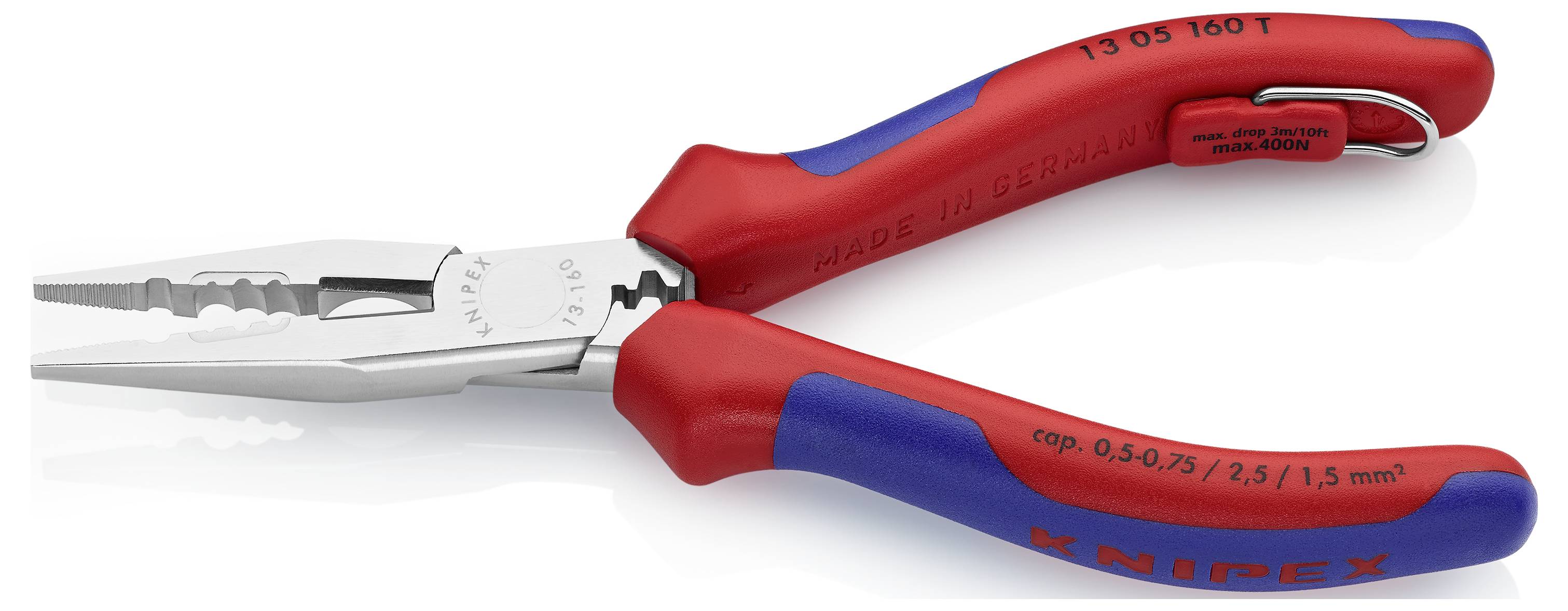 Una pinza multiuso rossa e blu con impugnature isolate, adatta per tagliare e afferrare, riporta l'incisione 'Knipex'.
