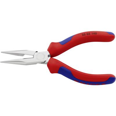 L'immagine mostra una pinza lunga di colore rosso con impugnature blu, adatta per afferrare e tagliare con precisione.