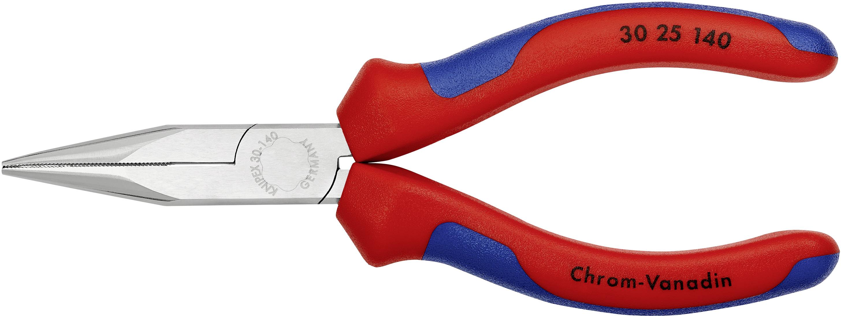 Pinza combinata rossa e blu in acciaio cromo-vanadio, lunga 140 mm, con ganasce strette e scanalate per una presa salda e sicura.