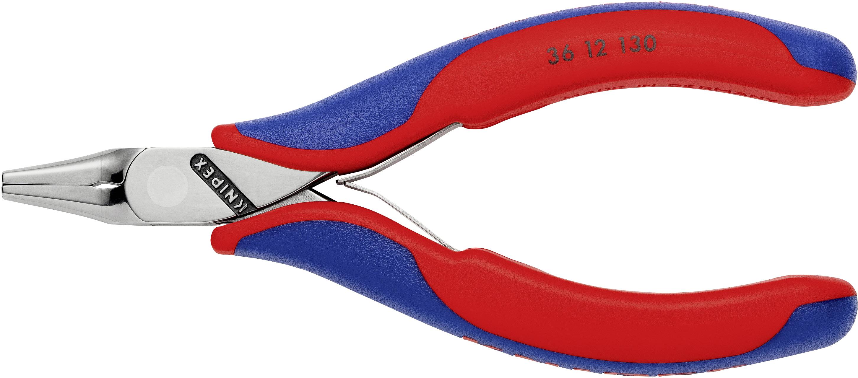 Pinza a becchi sottili rossa e blu su sfondo bianco, adatta per afferrare, tagliare e piegare fili o piccoli componenti.