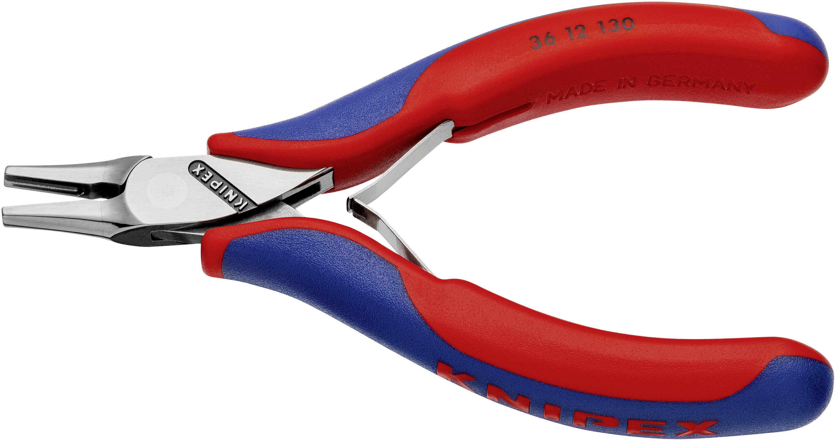 Pinza Knipex rossa e blu con impugnature ergonomiche e testa metallica lucida. Scritta 'Made in Germany'.