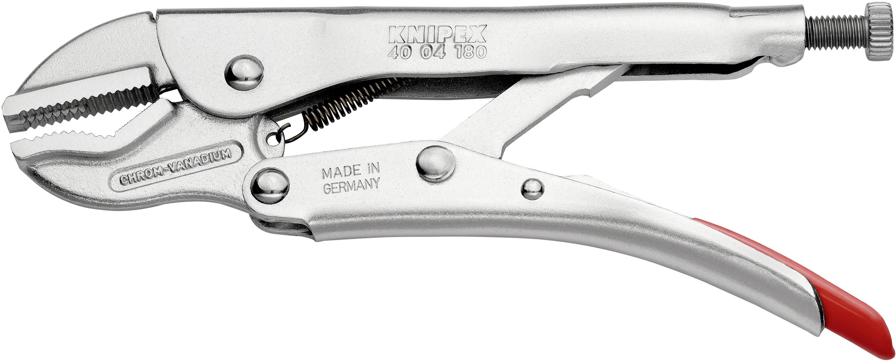 Una pinza d'argento con impugnatura regolabile e estremità rossa. Il nome del marchio e 'Made in Germany' sono incisi sulla superficie.
